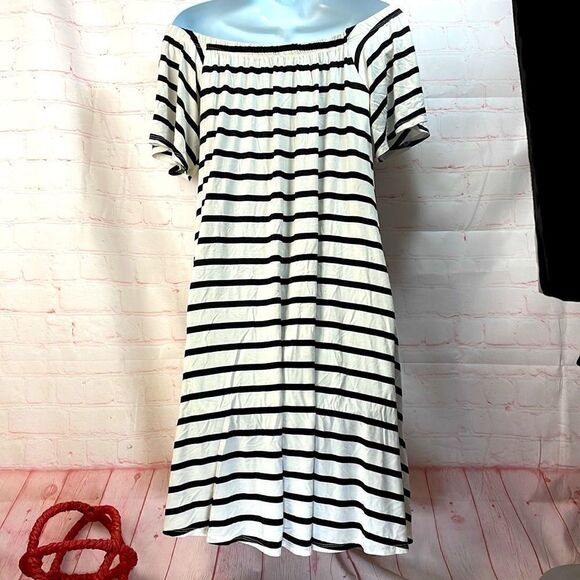 Bellamie-Off shoulder striped tent stretchy mini dress pockets - Picture 9 of 10